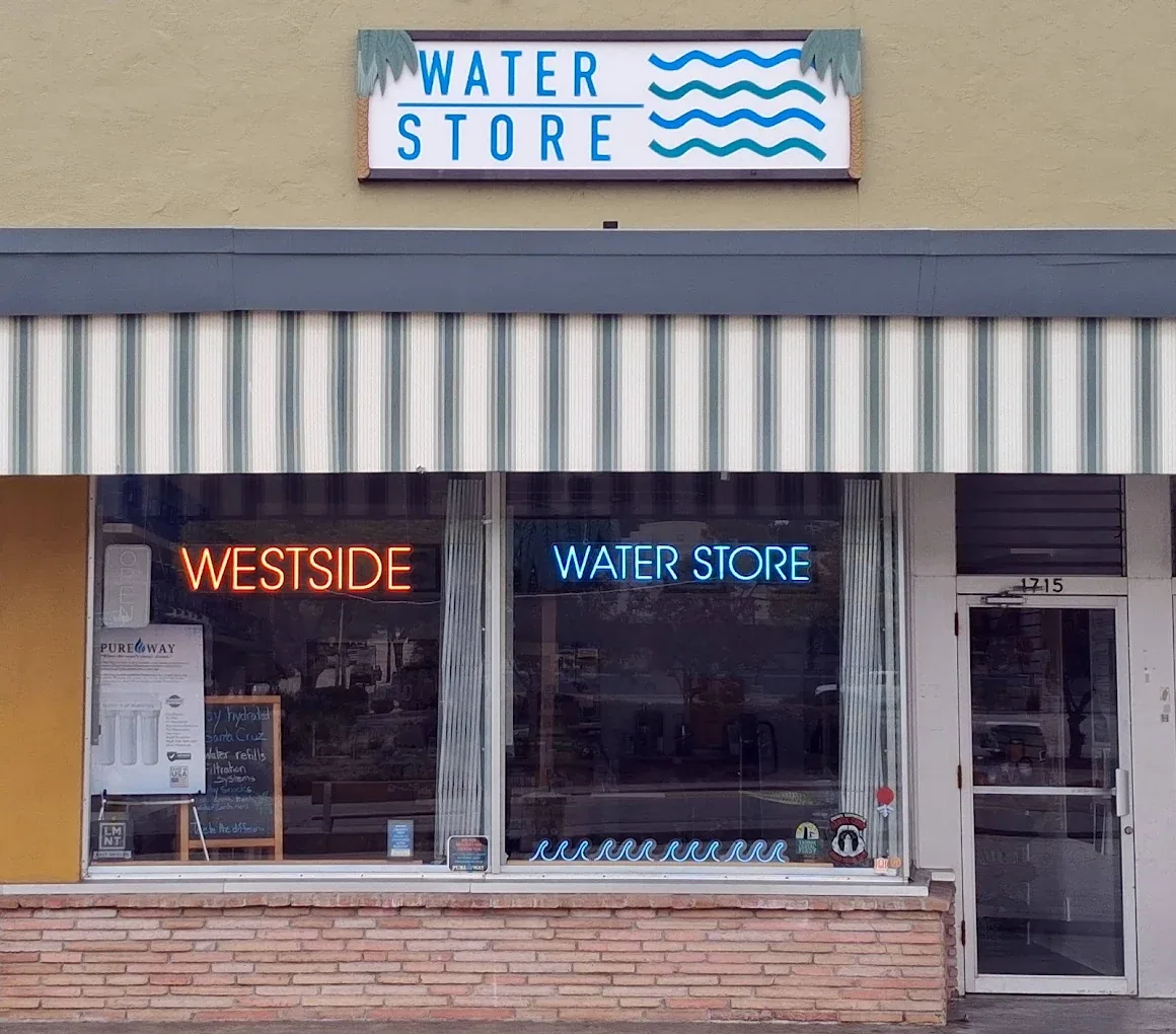 The striped awning over the Westside Water Store entrance